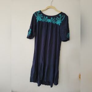 LOFT navy blue dress aqua embroidered flowers small